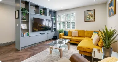Living room with yellow sofa