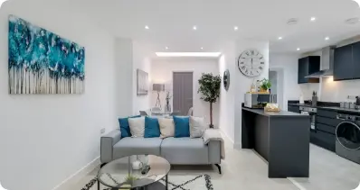 Living room with teal cushions